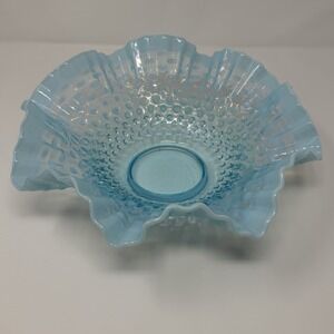 Fenton Hobnail Design  Blue Aqua Opalescent Large Glass Bowl Ruffled Edges  10in